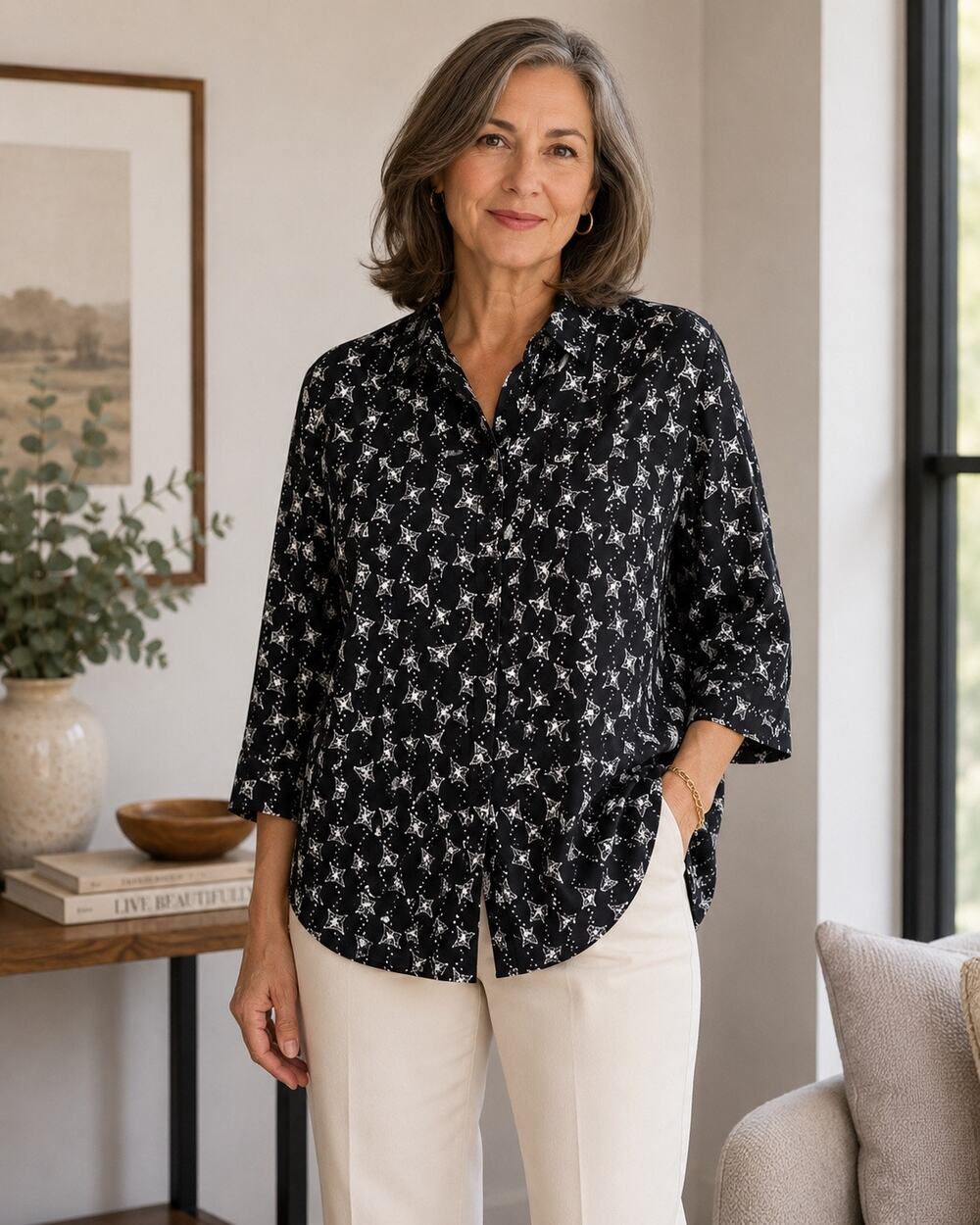 Coldwater Creek Black Butterfly Print Button Front Shirt Fairy Womens 16P